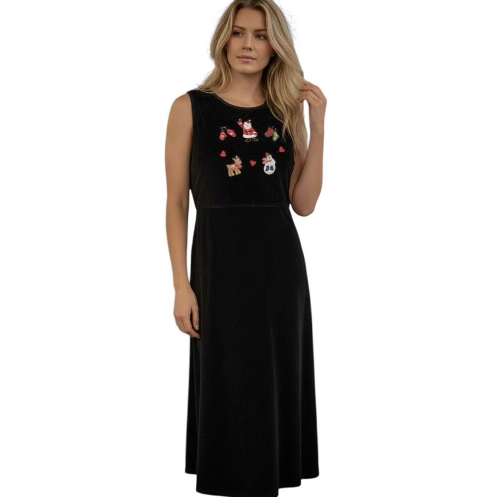 Vintage Women’s M Velour Jumper Dress Black Maxi Christmas Embroidered